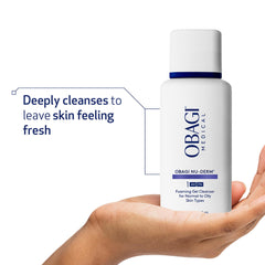 Obagi Nu-Derm Foaming Gel applied to skin for a refreshing cleanse.