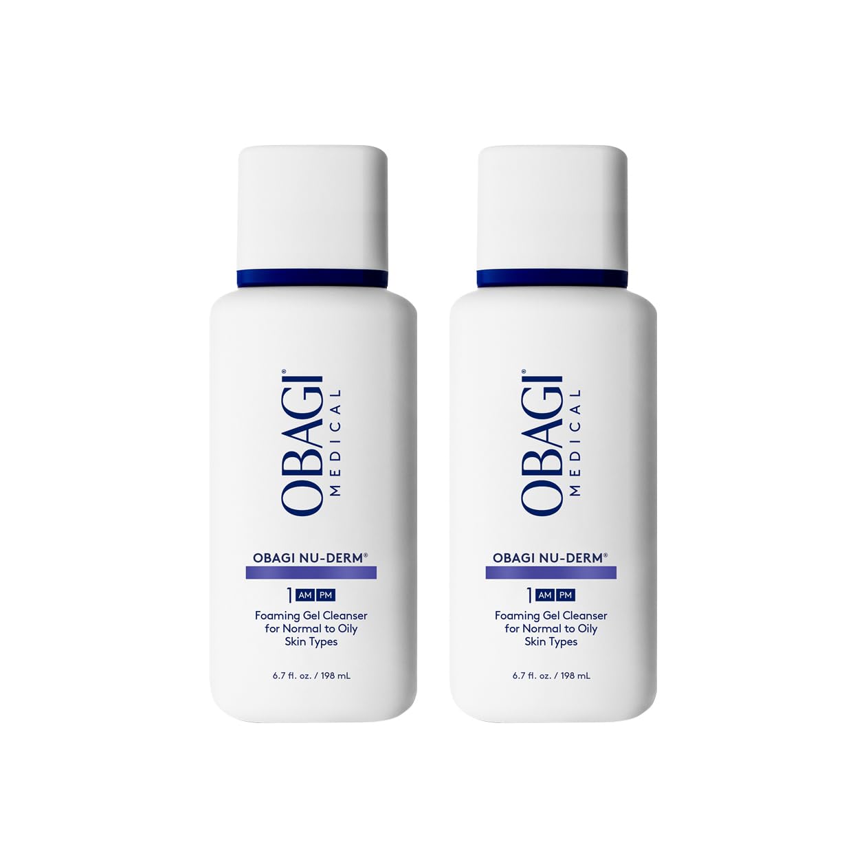 Obagi Nu-Derm Foaming Gel bottle close-up for daily cleansing and oil control.