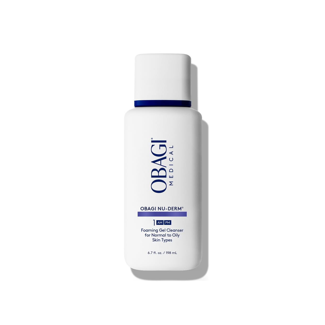 Obagi Nu-Derm Foaming Gel cleanser bottle showing deep-cleansing formula.