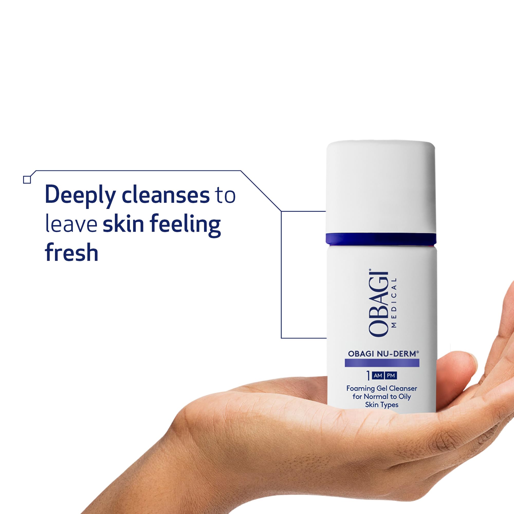 Obagi Nu-Derm Foaming Gel hand-application demonstrates gentle cleansing.