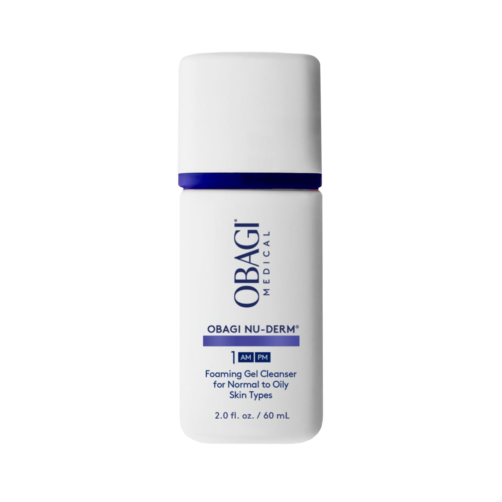 Obagi Nu-Derm Foaming Gel packaging shows travel-friendly size for on-the-go cleansing.