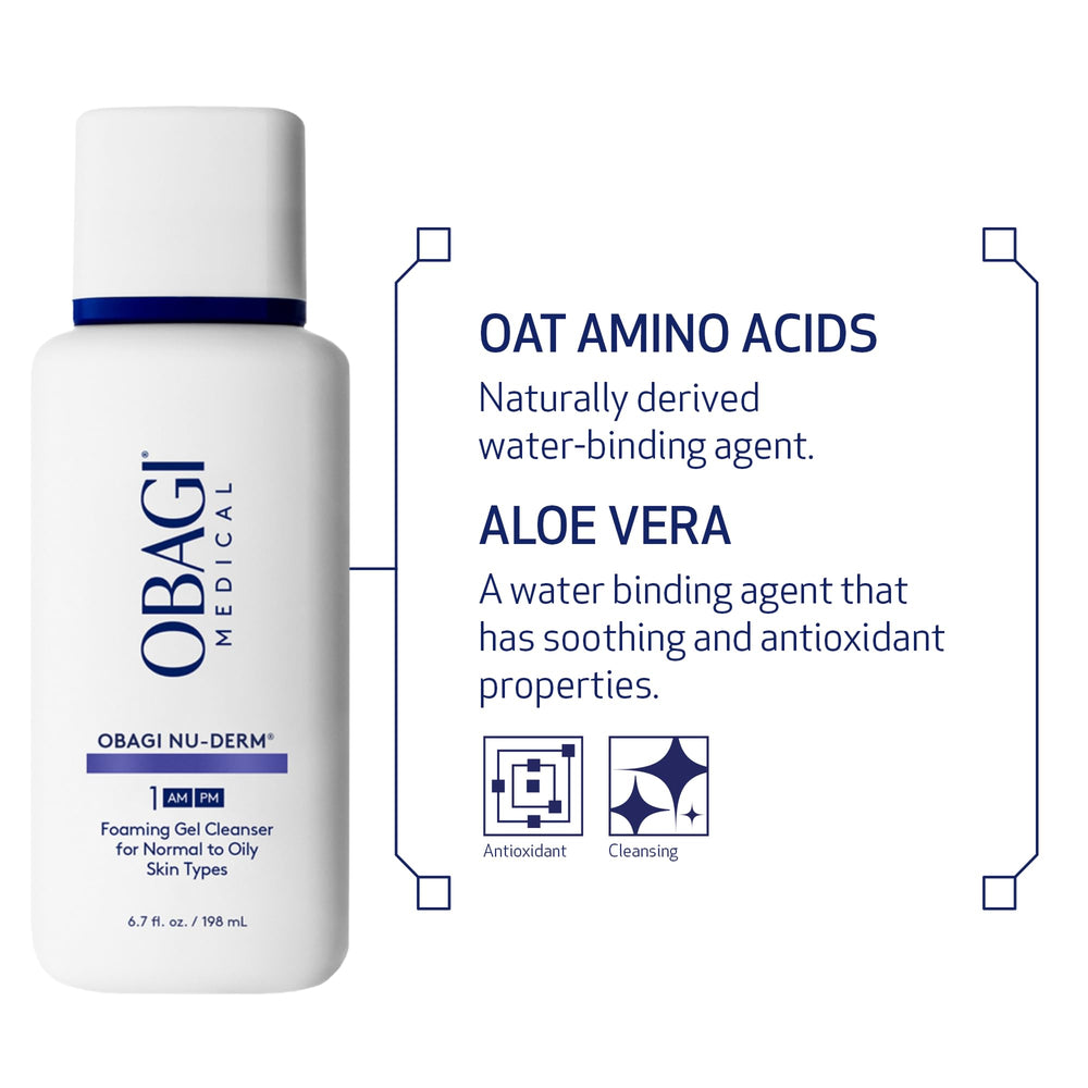Two-pack Obagi Nu-Derm Foaming Gel packaging shot emphasizing value and routine care.