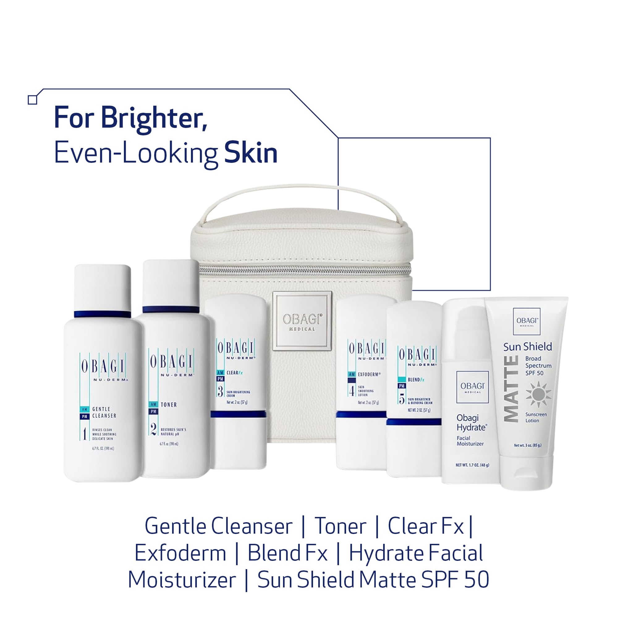 Obagi Nu-Derm Fx system bottles arranged for easy daily routine and brighter complexion.