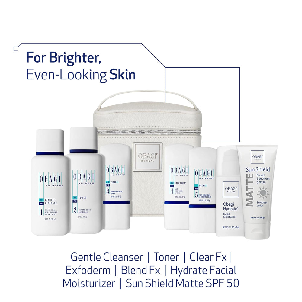 Obagi Nu-Derm Fx system bottles arranged for easy daily routine and brighter complexion.