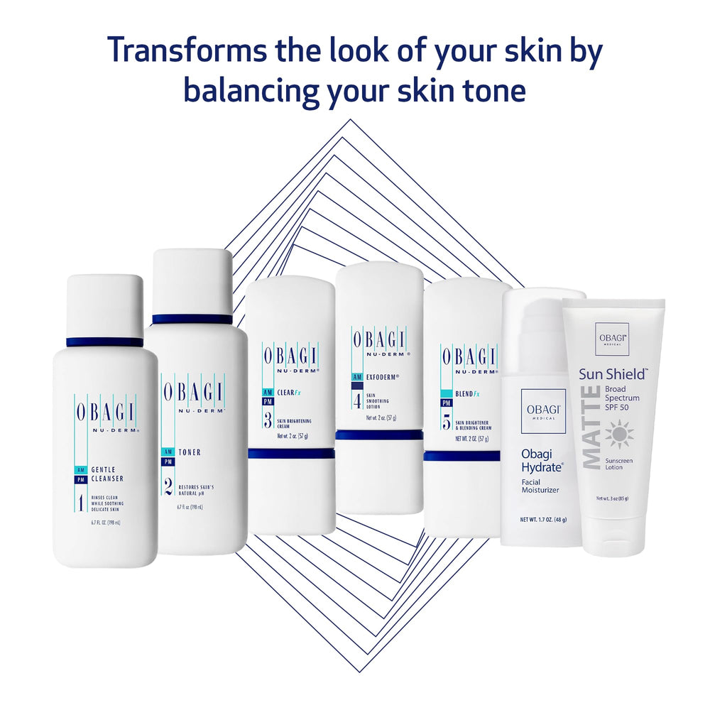 Obagi Nu-Derm Fx toner bottle preps skin for consistent brightening.