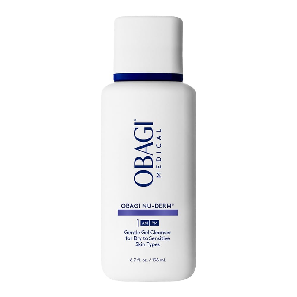Obagi Nu-Derm Gentle Cleanser bottle demonstrates gentle cleansing for clean skin.