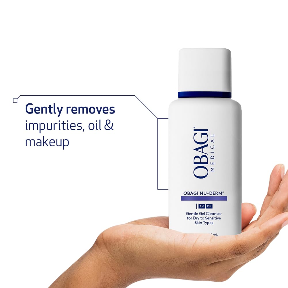 Obagi Nu-Derm Gentle Cleanser pour-shot emphasizes effortless makeup removal.