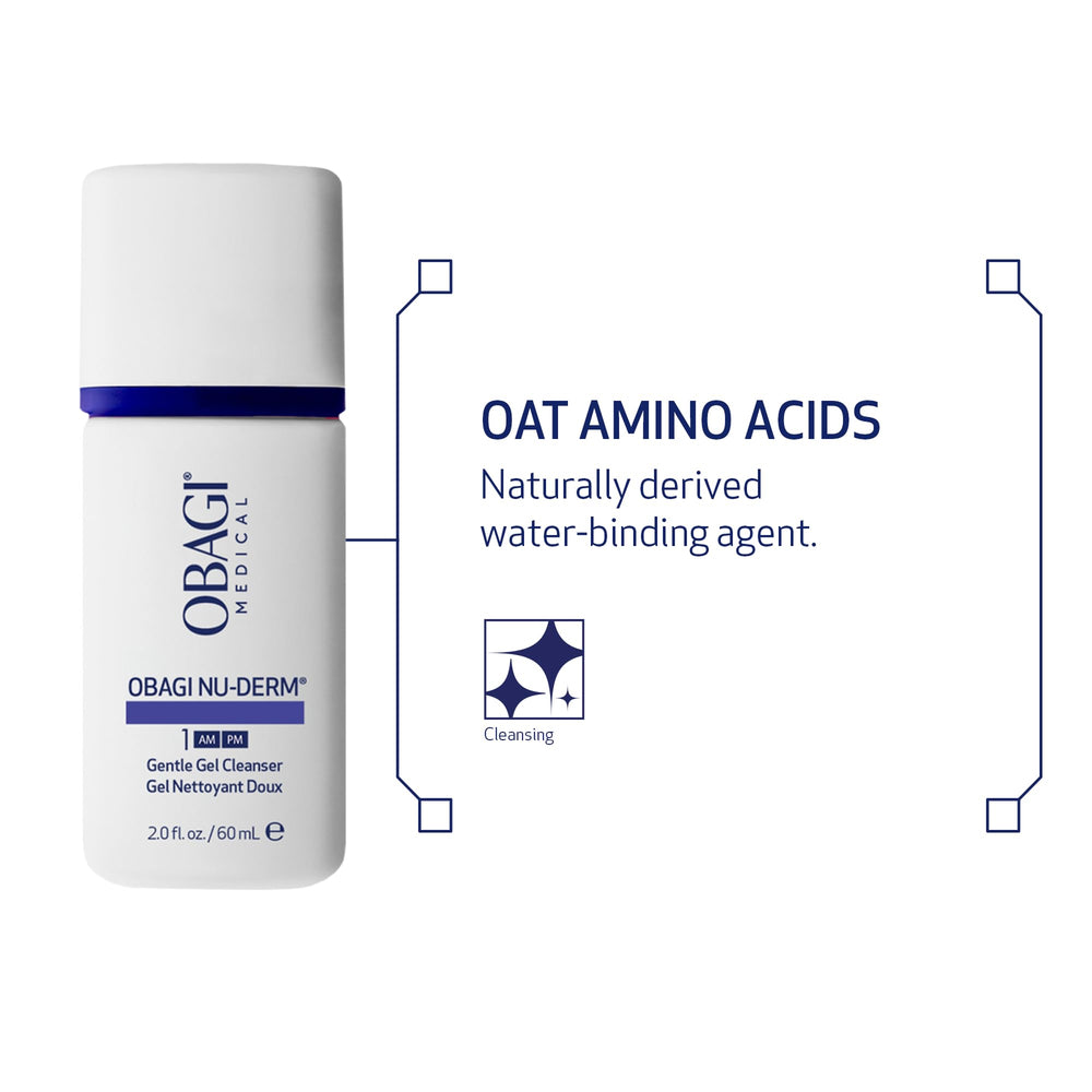 Obagi Nu-Derm Gentle Cleanser sensitive-skin-formula highlights oat amino acids for daily care