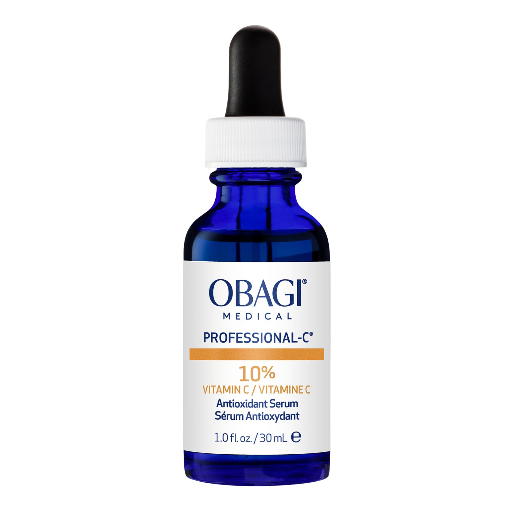 Obagi Medical Professional-C 10% serum bottle closeup highlights brightening focus.