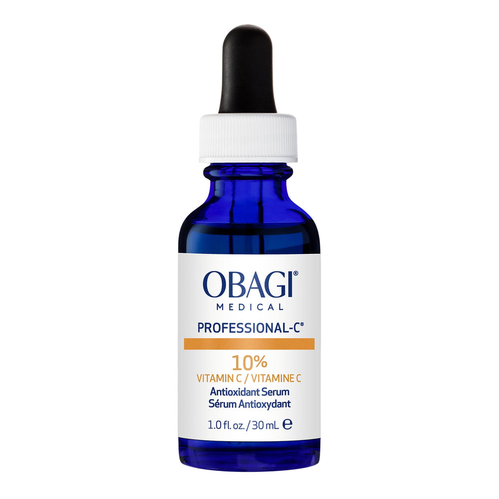 Obagi Medical Professional-C 10% serum bottle closeup highlights brightening focus.