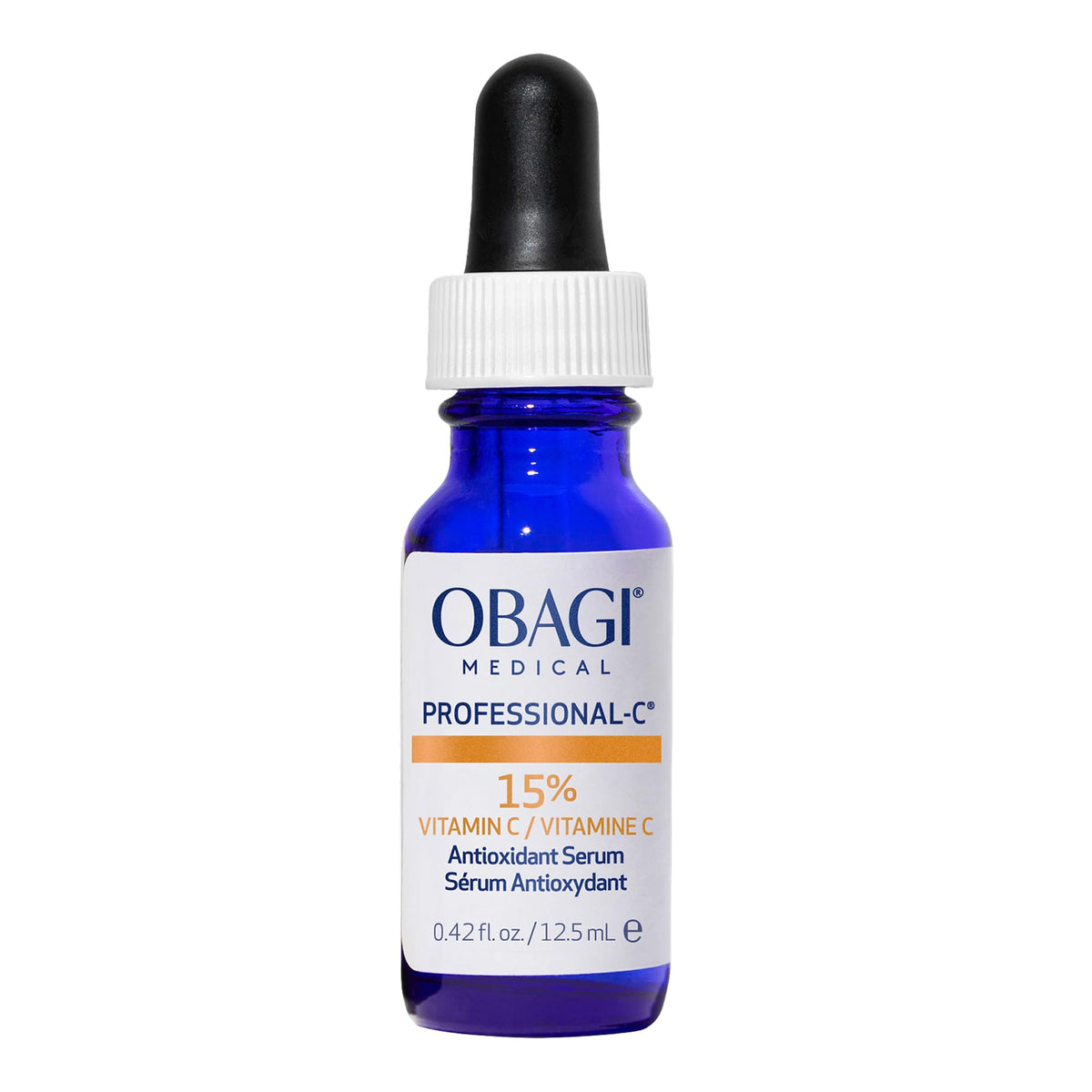 The Obagi Medical Professional-C 15% Serum bottle with pump supports brightening skin tone.