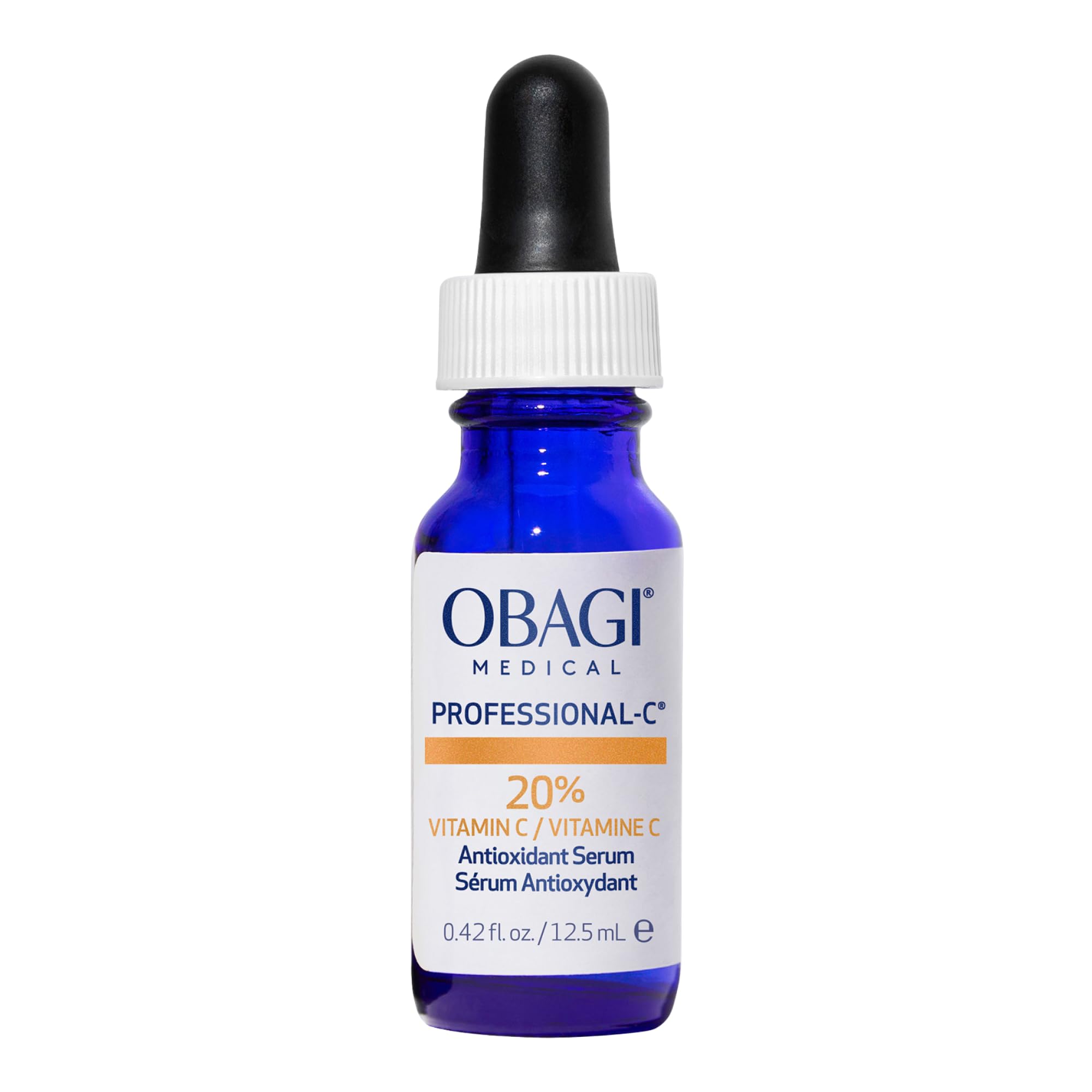 Obagi Professional-C 20% serum bottle close-up highlighting brightening benefits.