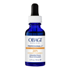 Obagi Professional C Serum 20% bottle close-up highlights high potency vitamin C benefits.