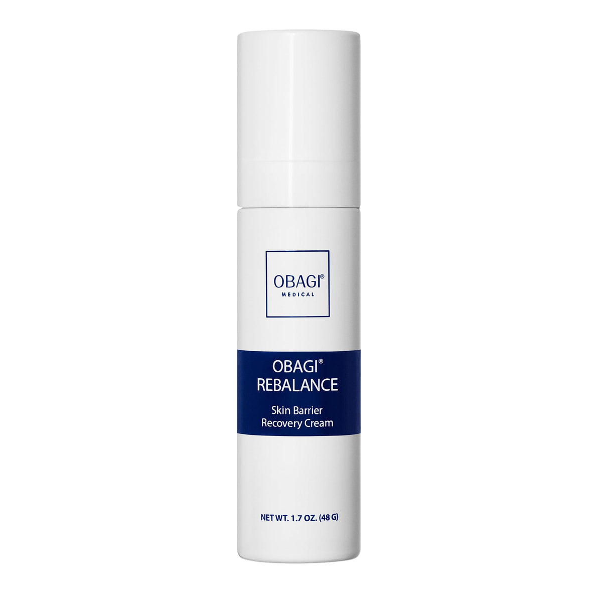 Obagi Rebalance cream jar close-up showing creamy texture for barrier support.