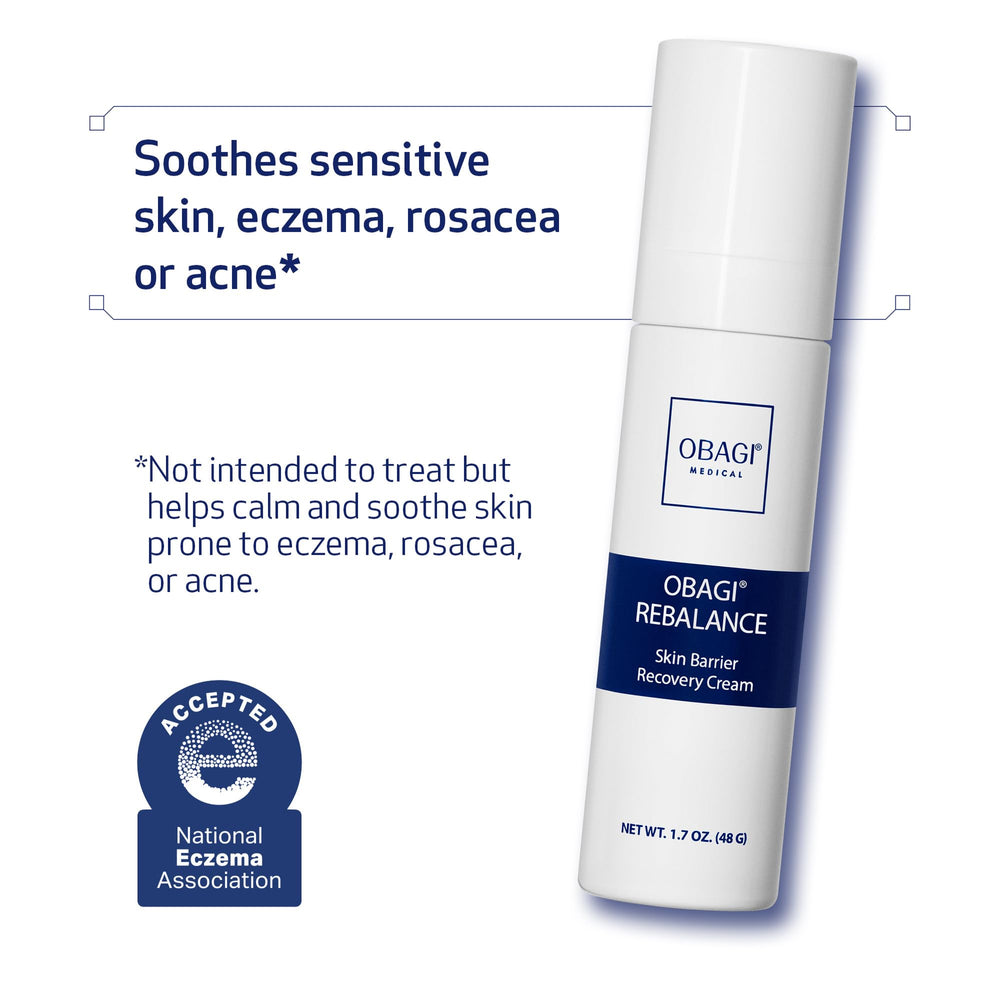 Obagi Rebalance cream texture close-up highlighting lightweight hydrator with ceramides and niacinamide.