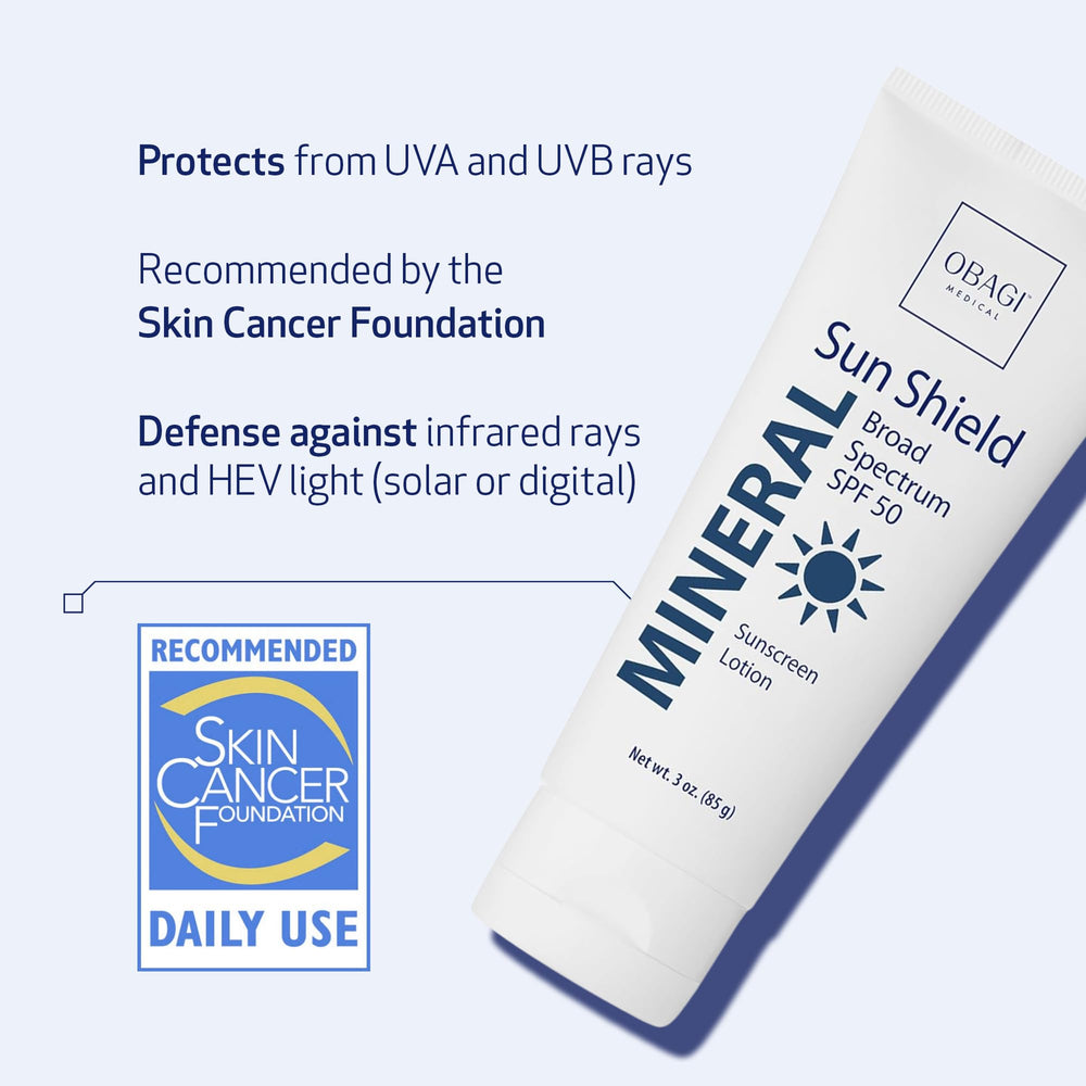 Obagi Sun Shield label closeup highlighting zinc oxide mineral protection.