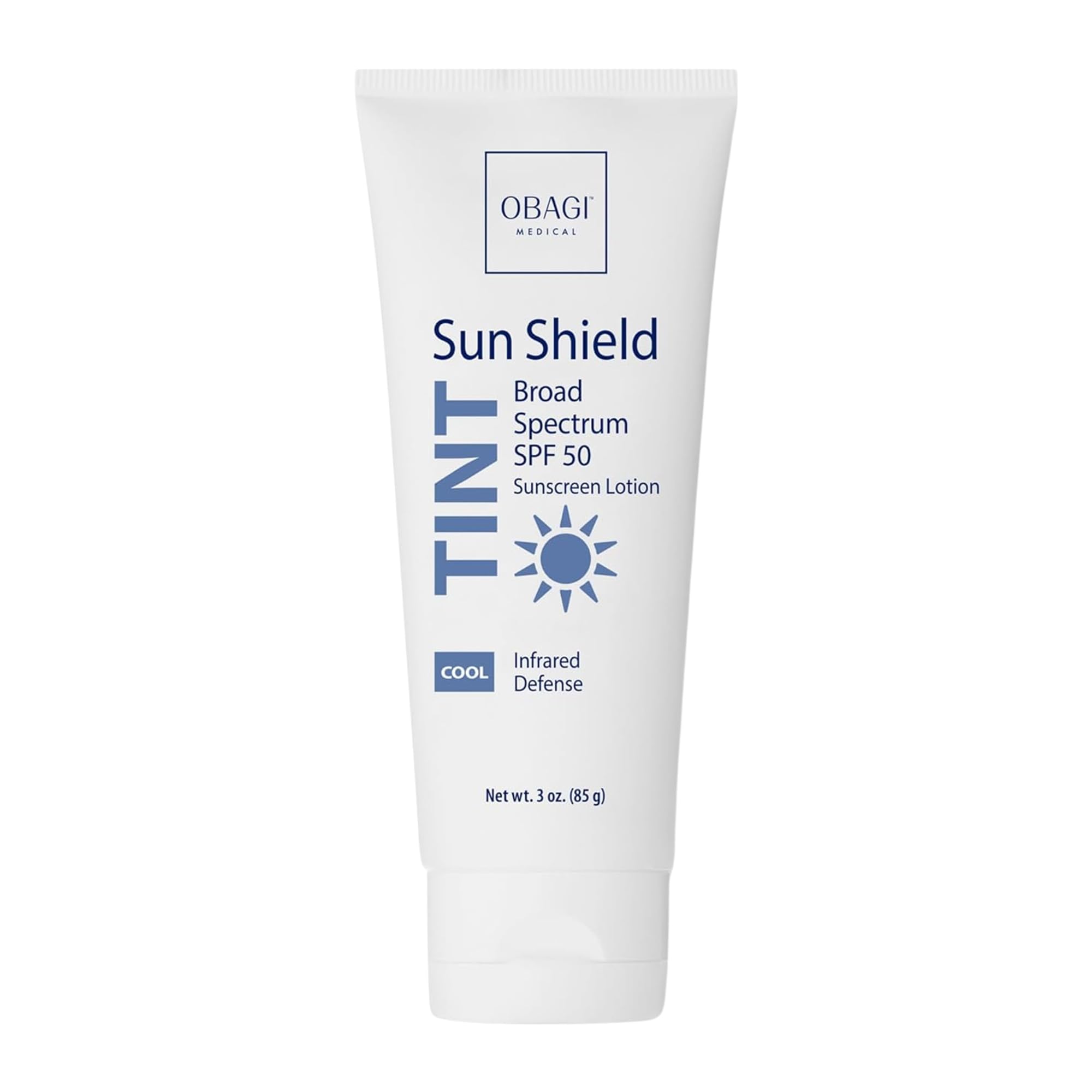 Obagi Sun Shield tinted sunscreen bottle with SPF 50 broad-spectrum protection for daily use.
