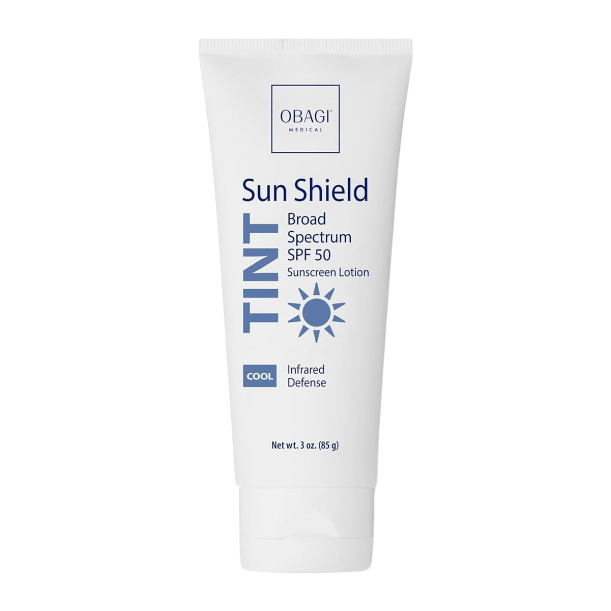 Obagi Sun Shield tinted sunscreen bottle with SPF 50 broad-spectrum protection for daily use.