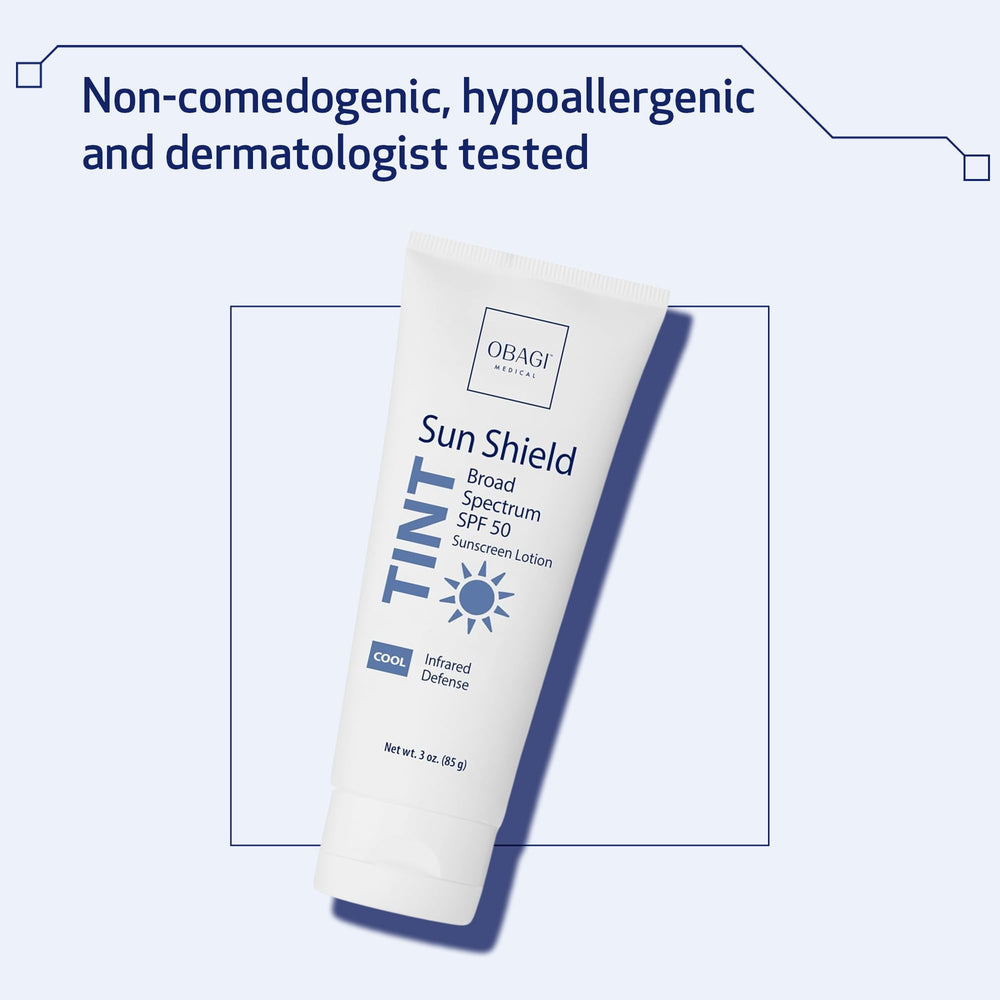 Obagi Sun Shield label graphic clarifies SPF 50 broad-spectrum protection for everyday use.