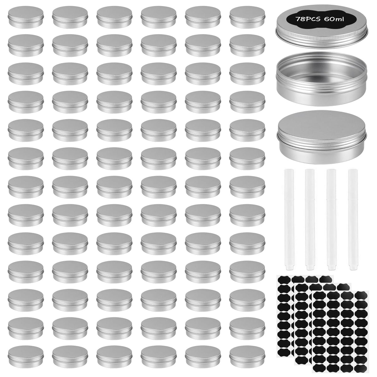 OBKJJ 78-pcs 2oz aluminum tin cans with screw lids closeup for durable storage.