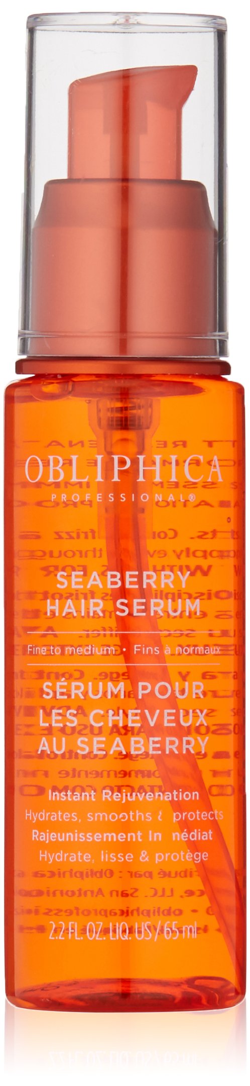Obliphica Seaberry leave-in bottle demonstrates nourishing oils for frizz control.