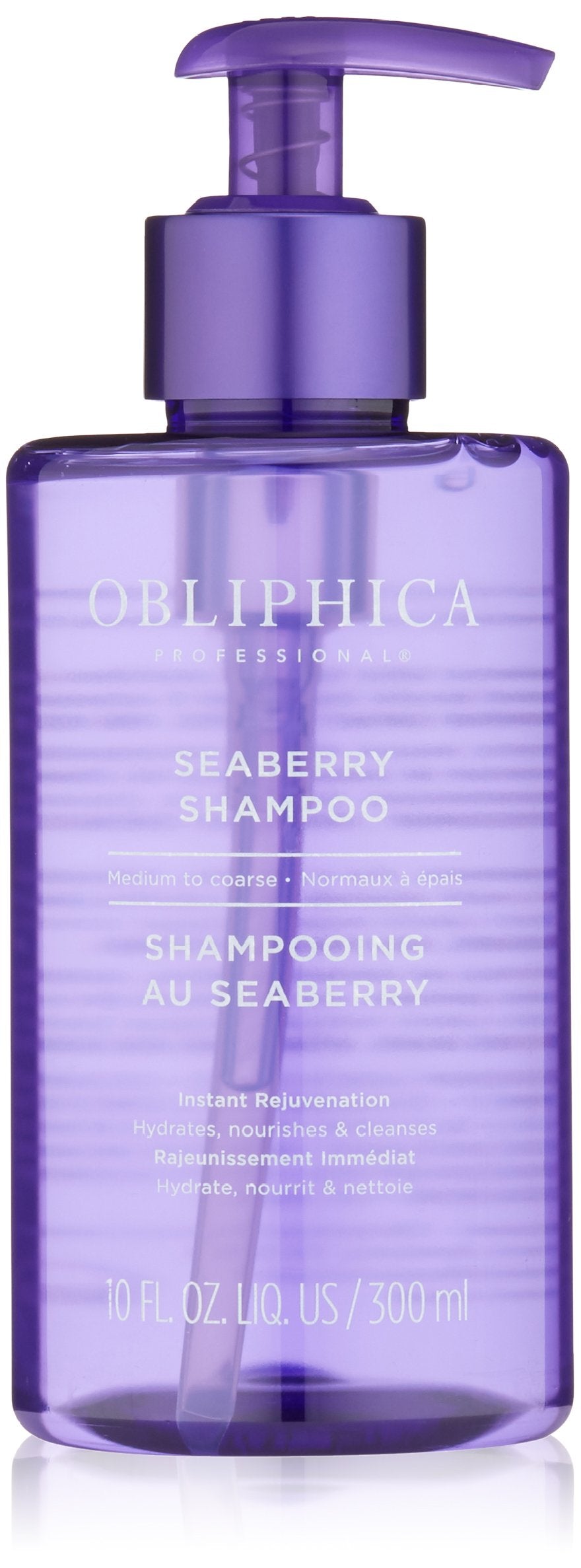 Obliphica Seaberry Shampoo bottle on bathroom shelf supports frizz control and nourishment.
