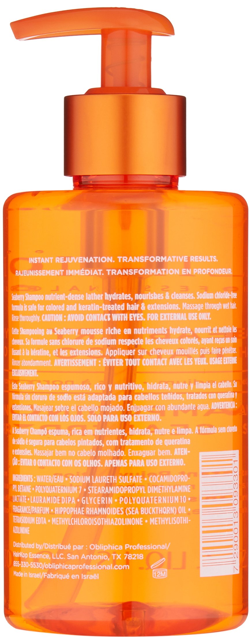 Obliphica Seaberry shampoo close-up with moisturizing formula for fine hair