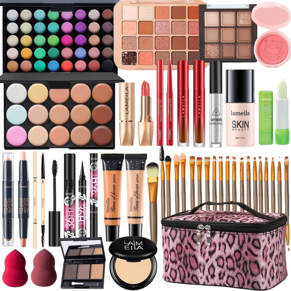 Obmyllax All-in-One Makeup Kit case front shows portable elegance for on-the-go beauty.
