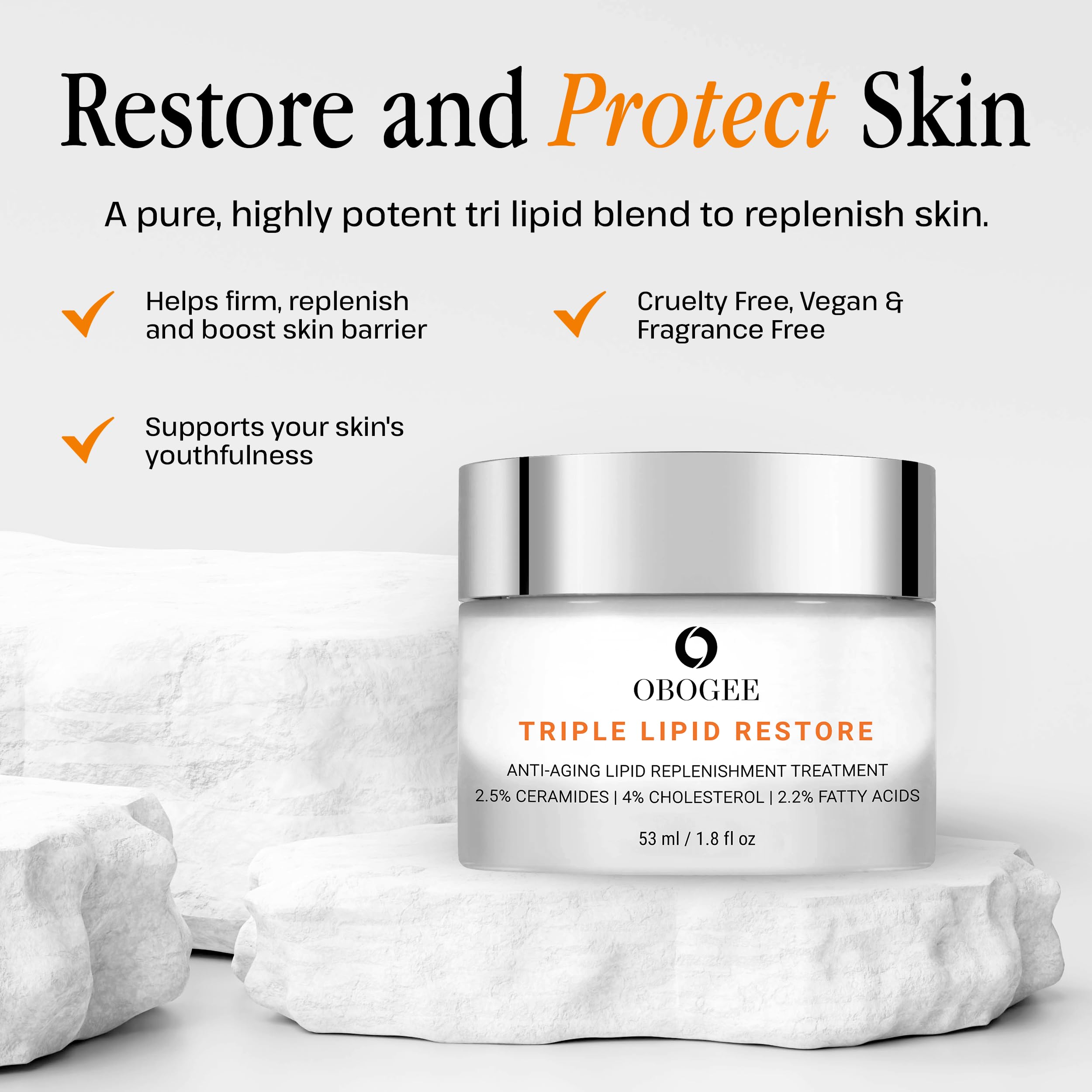 OBOGEE Triple Lipid-Peptide Cream application on fingertips demonstrates easy absorption.