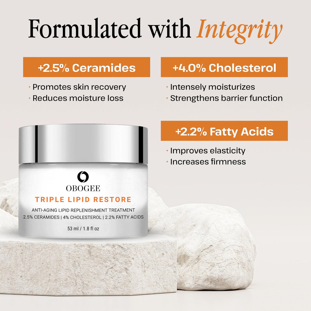 OBOGEE Triple Lipid-Peptide Cream texture swatch reveals smooth, hydrated skin.