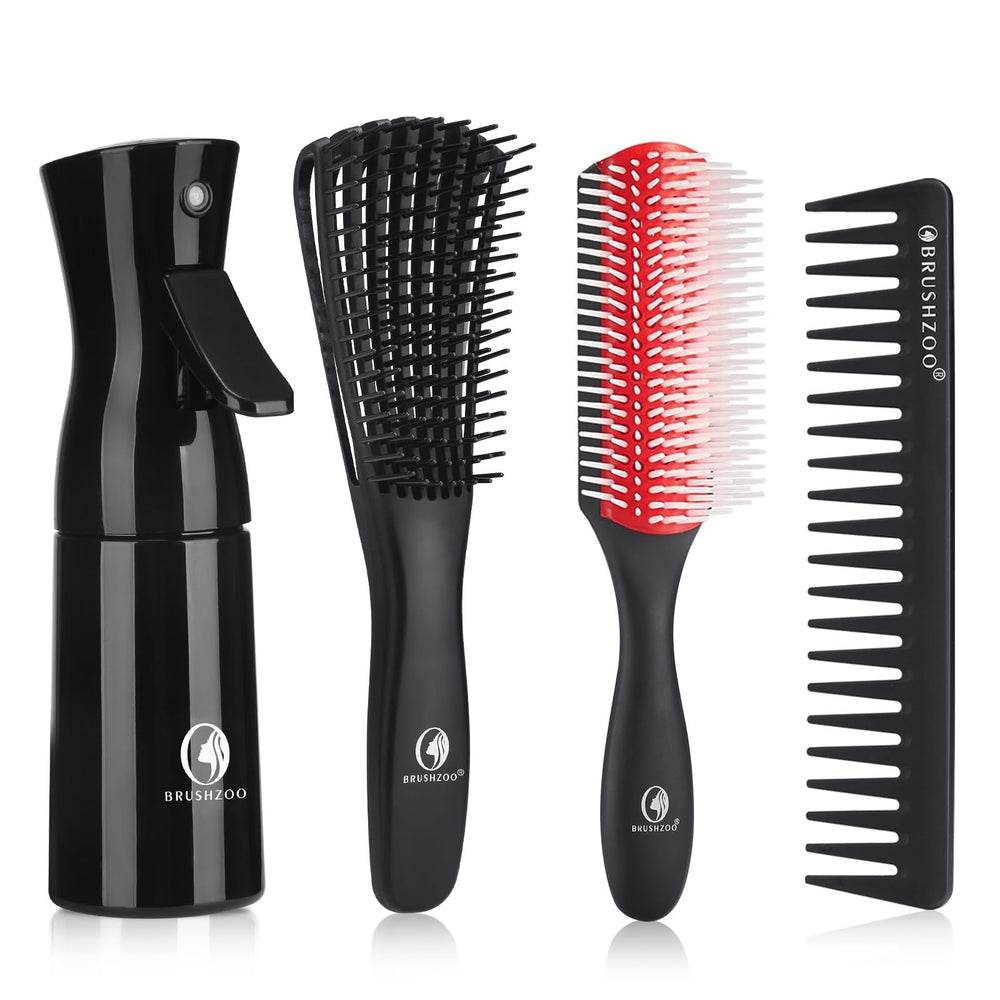 O BRUSHZOO Hair Brush Set spray bottle helps detangle and style curly hair.