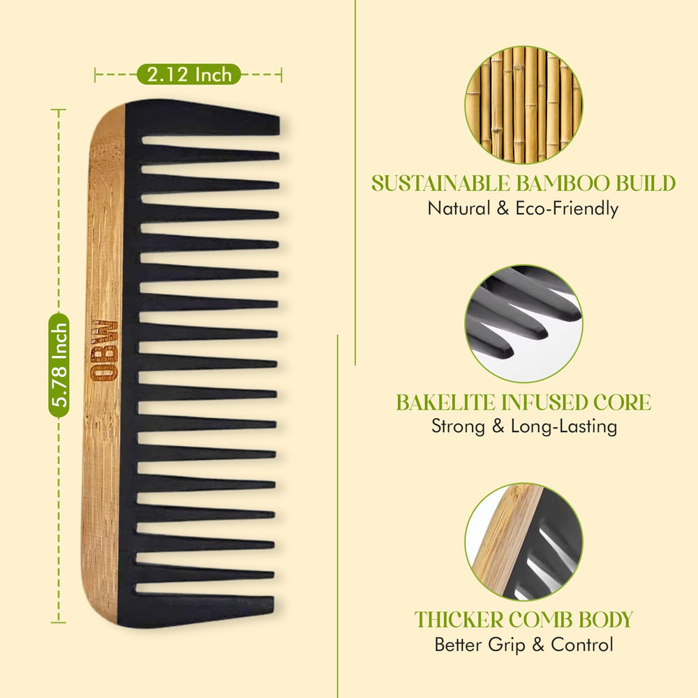 OBW OREN'S Bamboo Wide Tooth Comb bakelite-core highlights durable, heat-resistant base