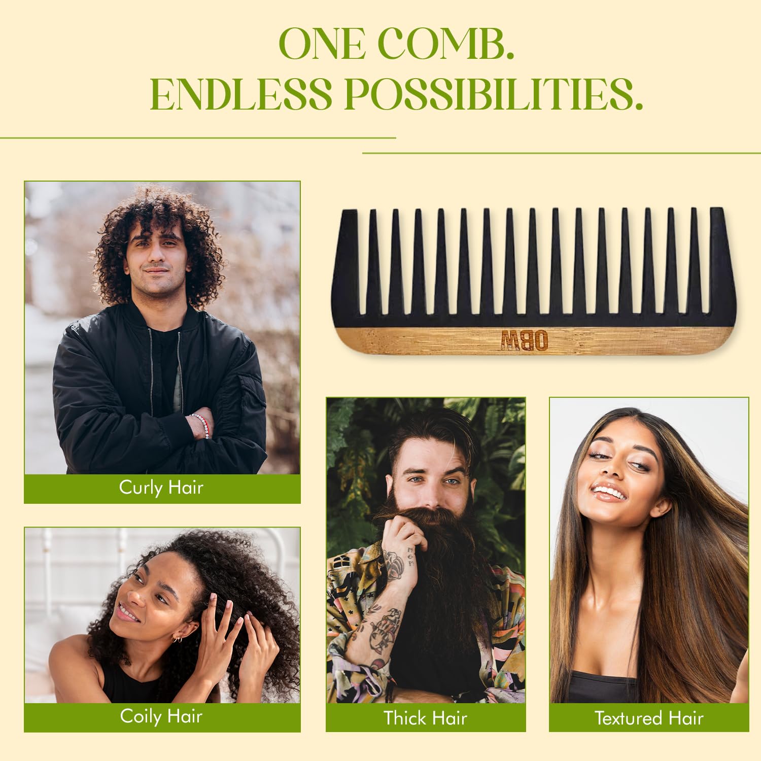 OBW OREN'S Bamboo Wide Tooth Comb full-view shows compact, travel-ready design