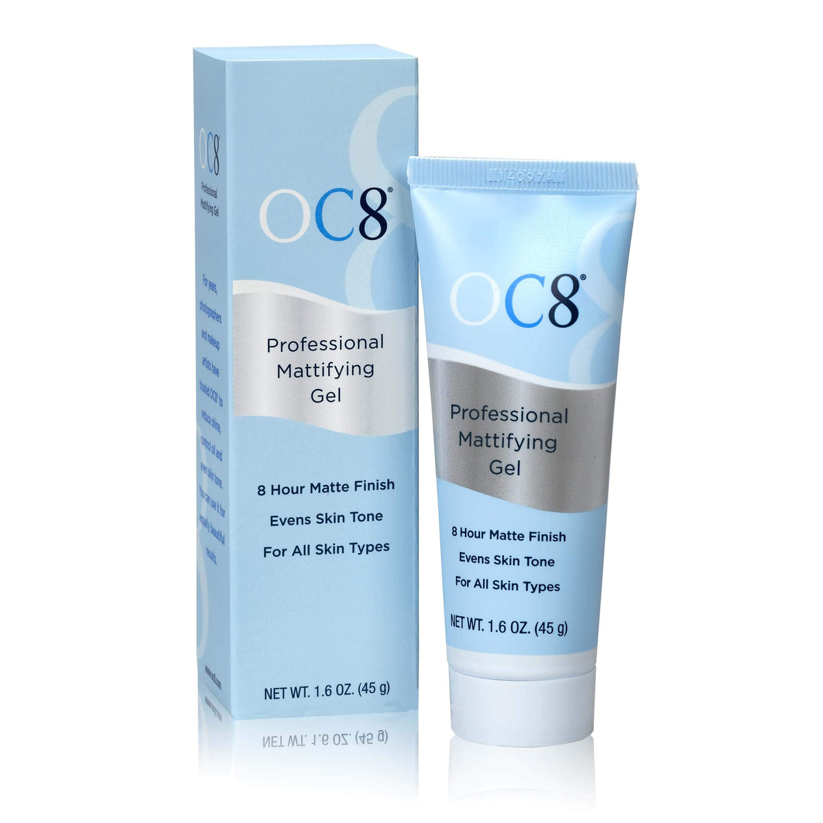 OC8 Professional Anti Shine Gel bottle demonstrates oil-absorbing matte finish for shine control