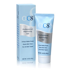 OC8 Professional Anti Shine Gel bottle demonstrates oil-absorbing matte finish for shine control