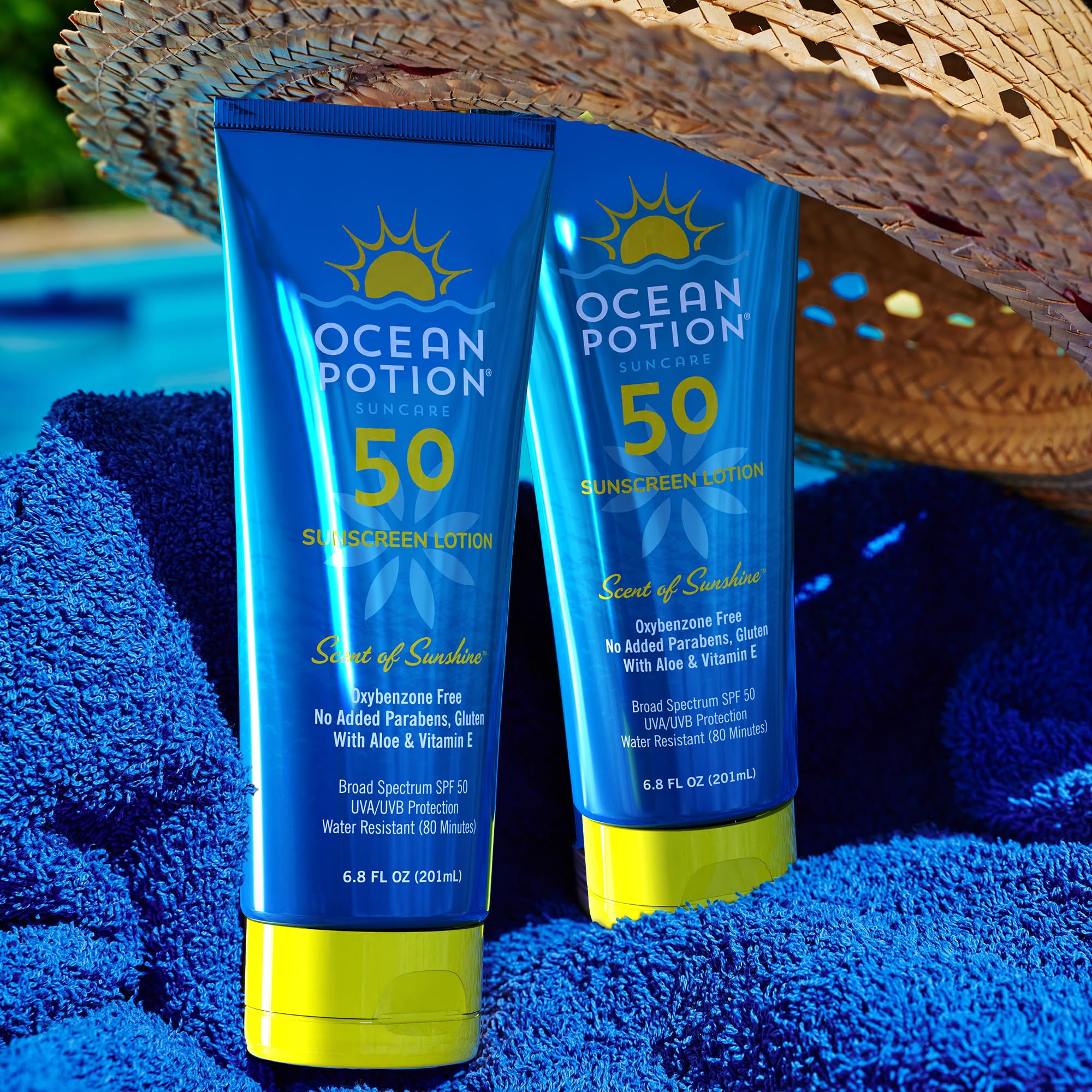 Ocean Potion Sunscreen Lotion SPF50 paraben-free gluten-free label supports sensitive skin.
