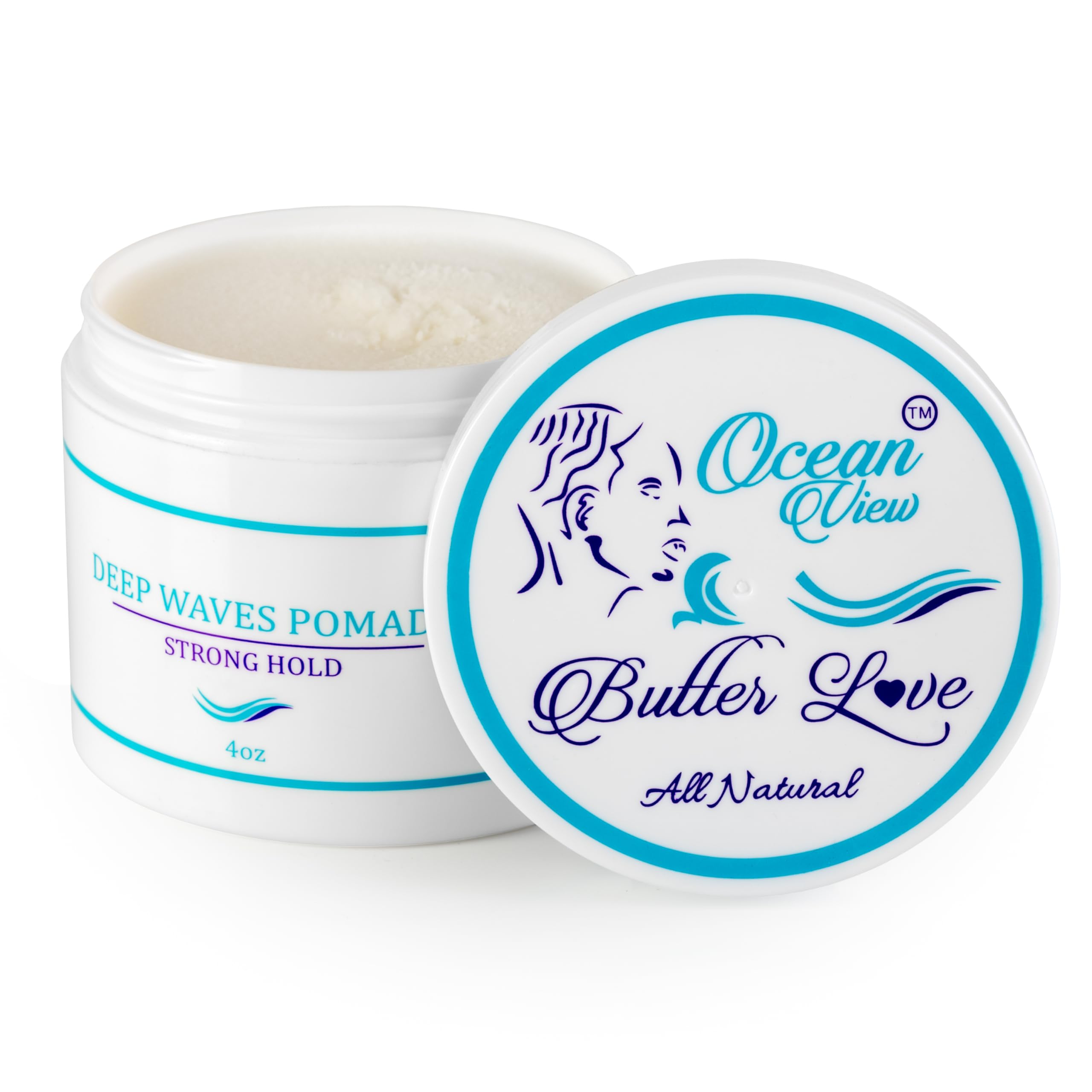 Ocean View Deep Waves Pomade jar shows butter-soft texture for strong hold and conditioning.