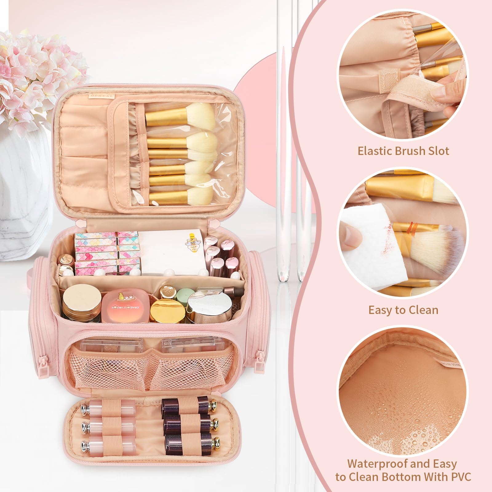 OCHEAL large makeup bag front pockets organize lip products efficiently.