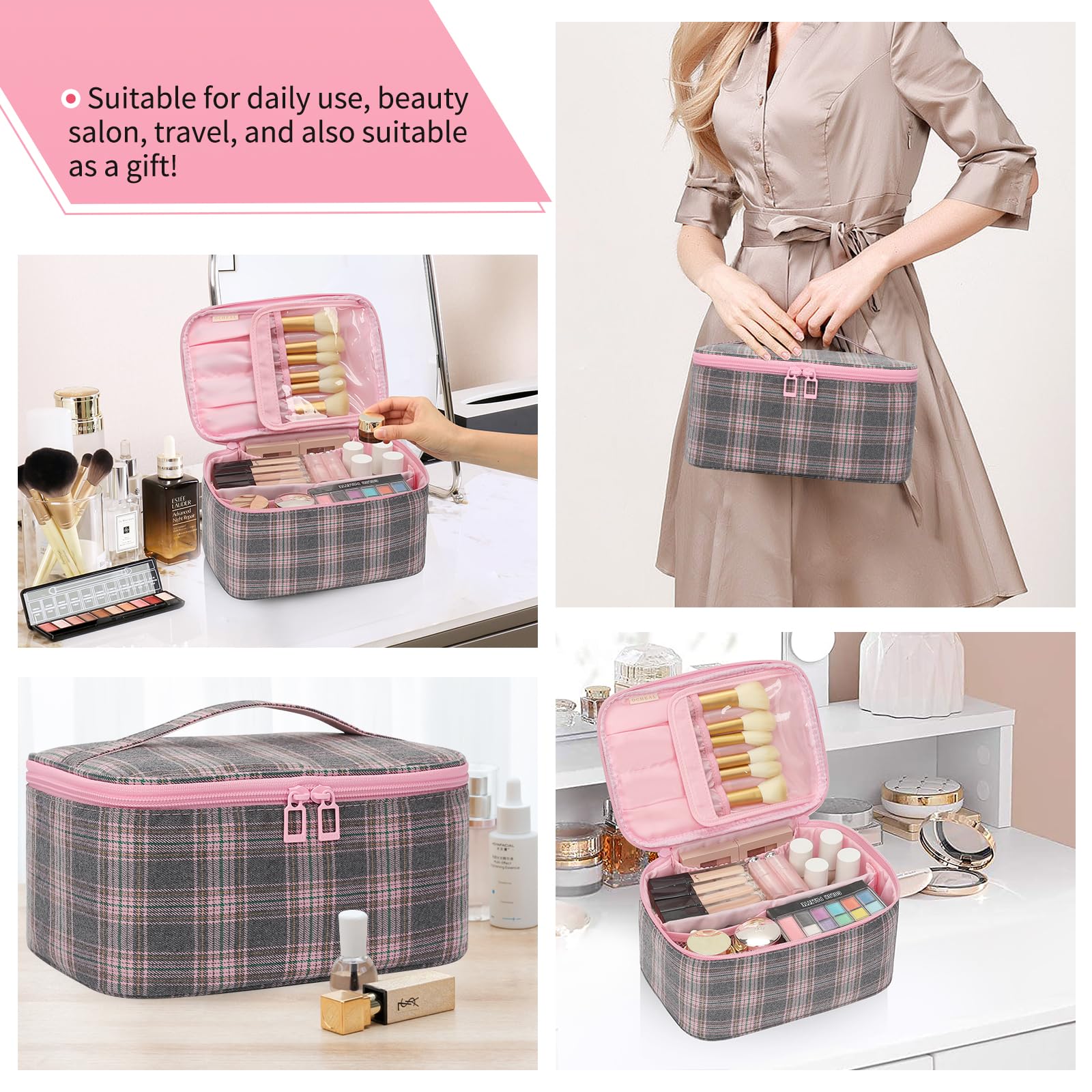 OCHEAL makeup bag keeps cosmetics neatly stored in one accessible place.