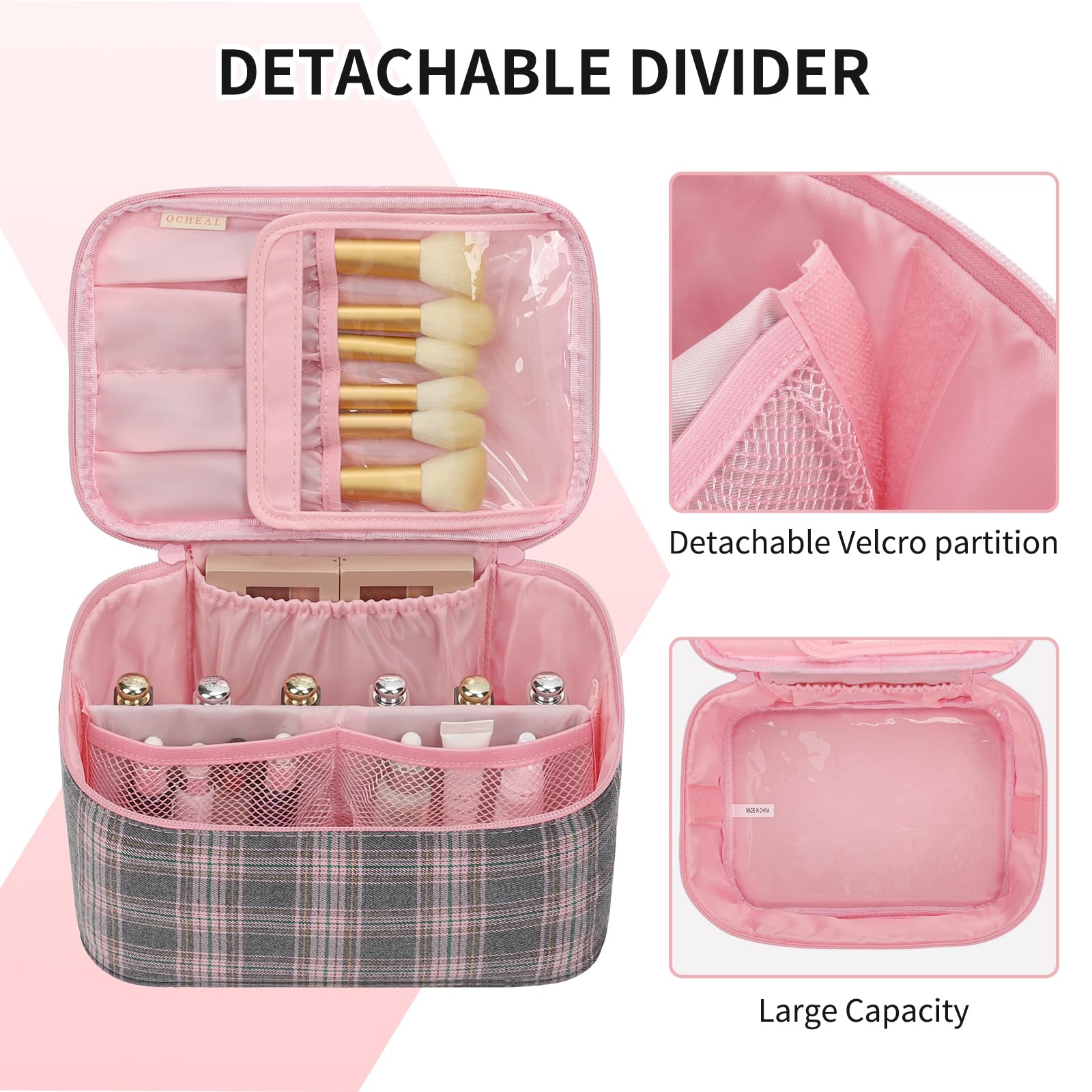 OCHEAL makeup bag with flexible dividers for customizable organization.