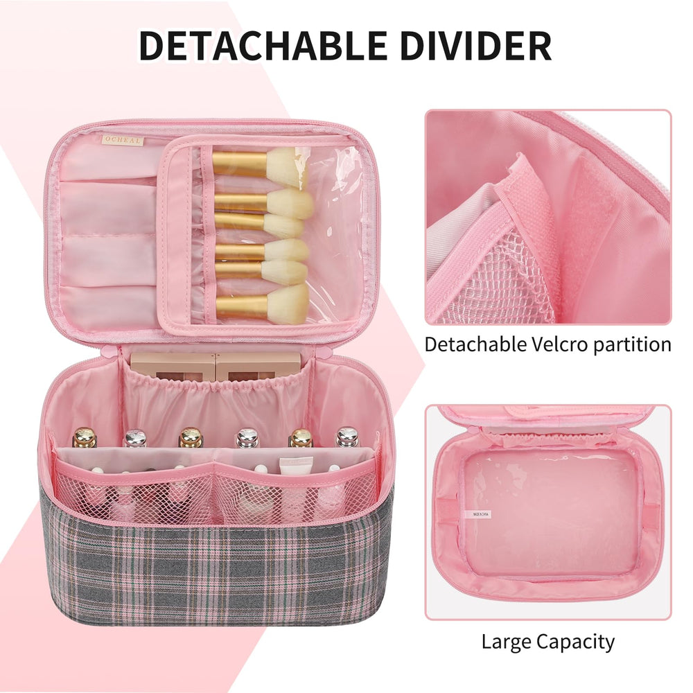 OCHEAL makeup bag with flexible dividers for customizable organization.