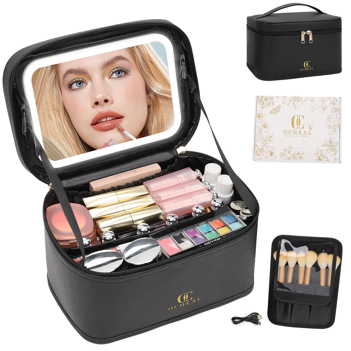 OCHEAL makeup bag with LED mirror open, showing organized brush compartment for travel.