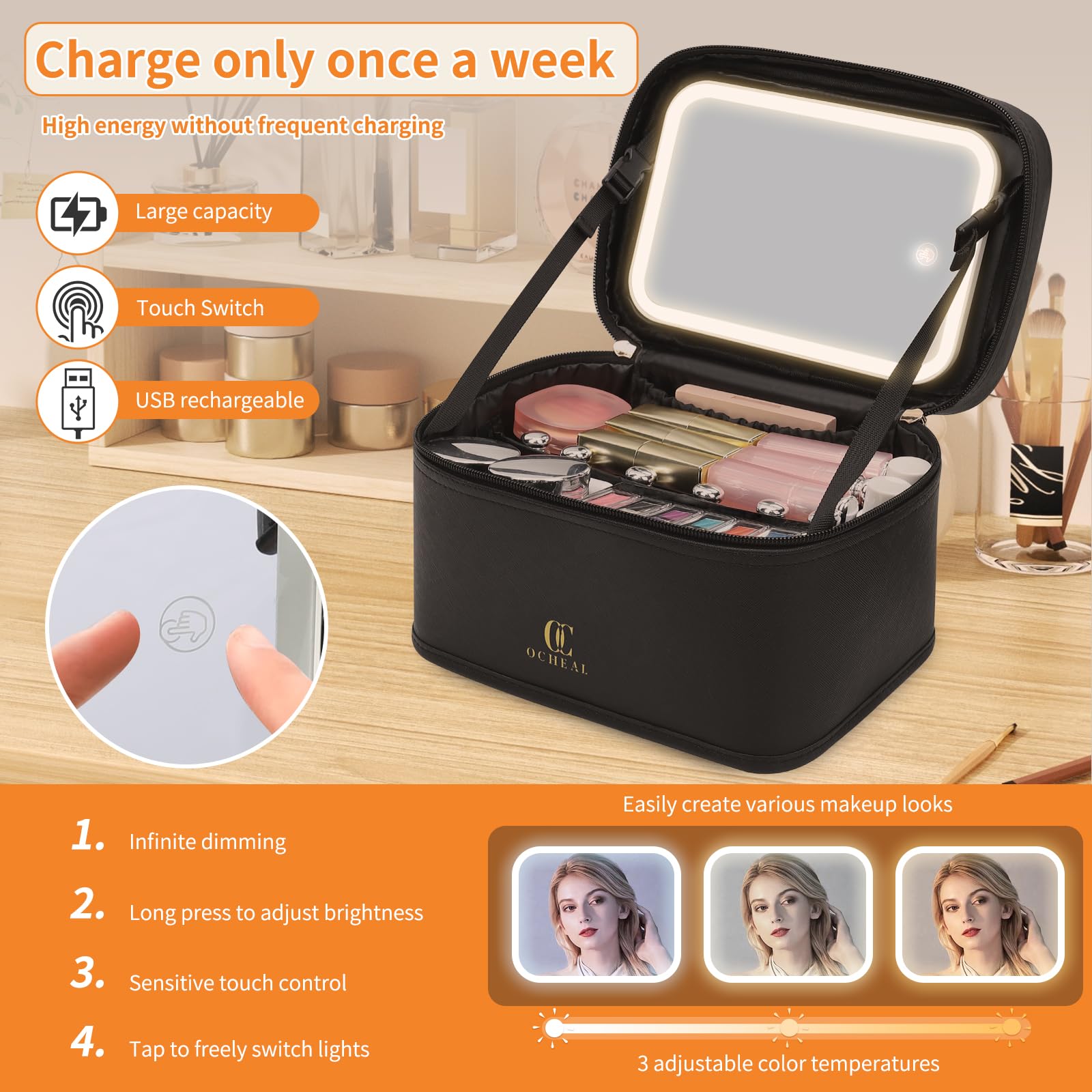 OCHEAL makeup bag back pocket adds extra space for small essentials.