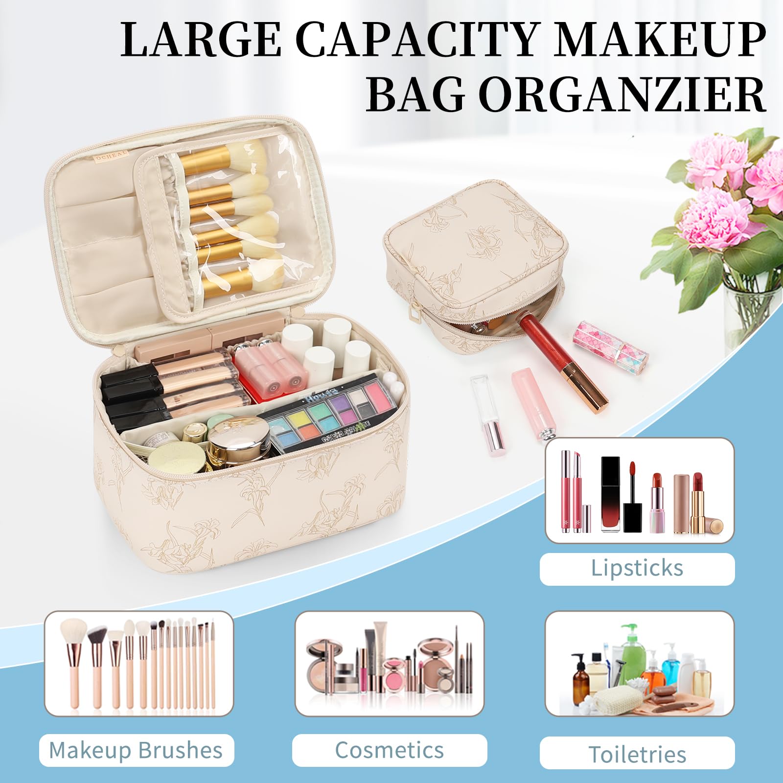 OCHEAL makeup bag set together on a desk, ready for travel.