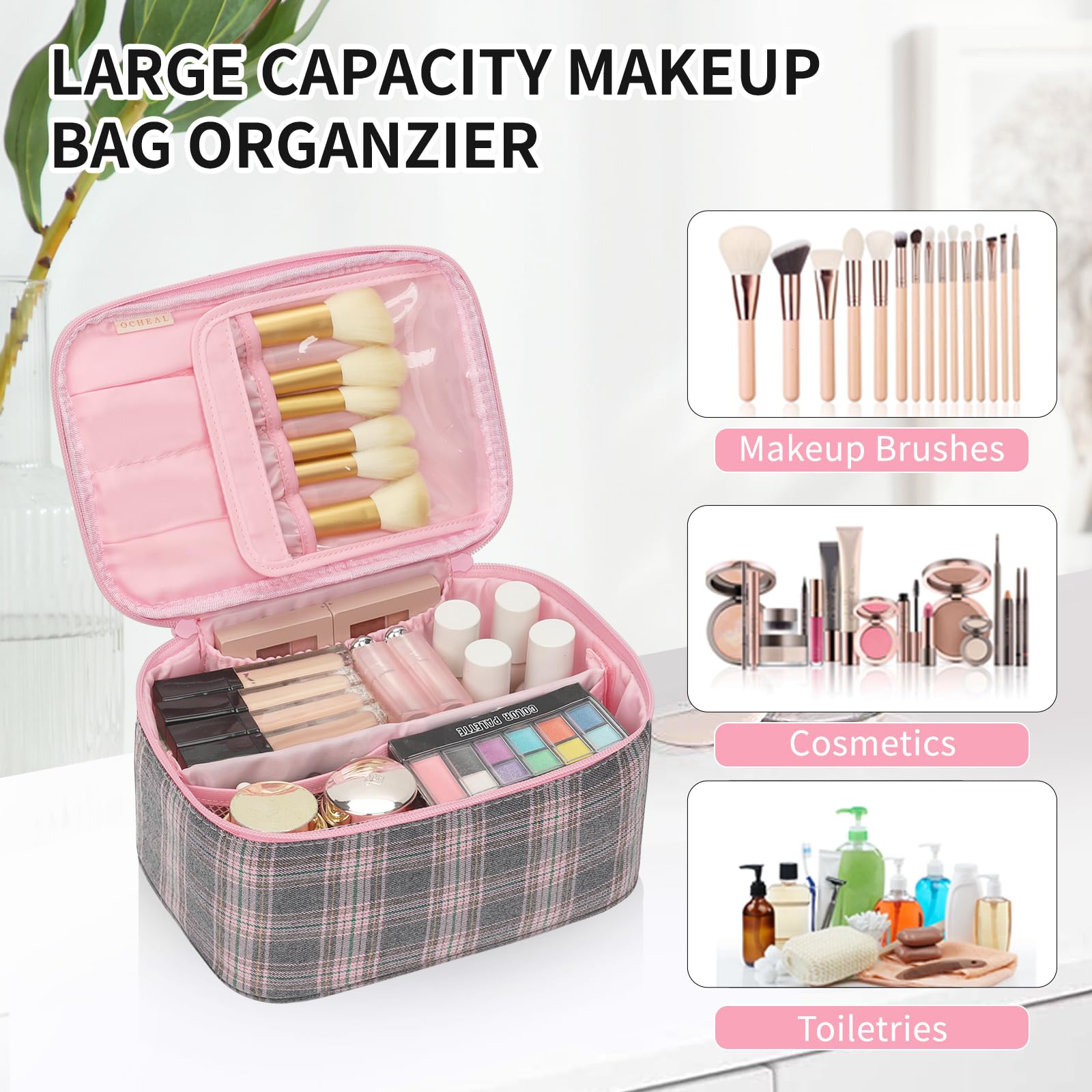OCHEAL makeup bag compact-size design fits in luggage for trips.