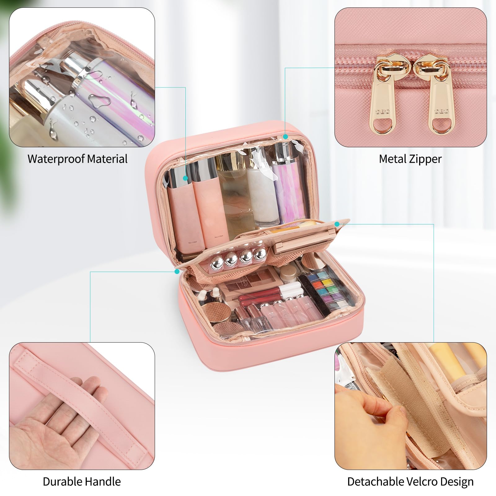 OCHEAL makeup bag top leather handle enables comfortable portable use.