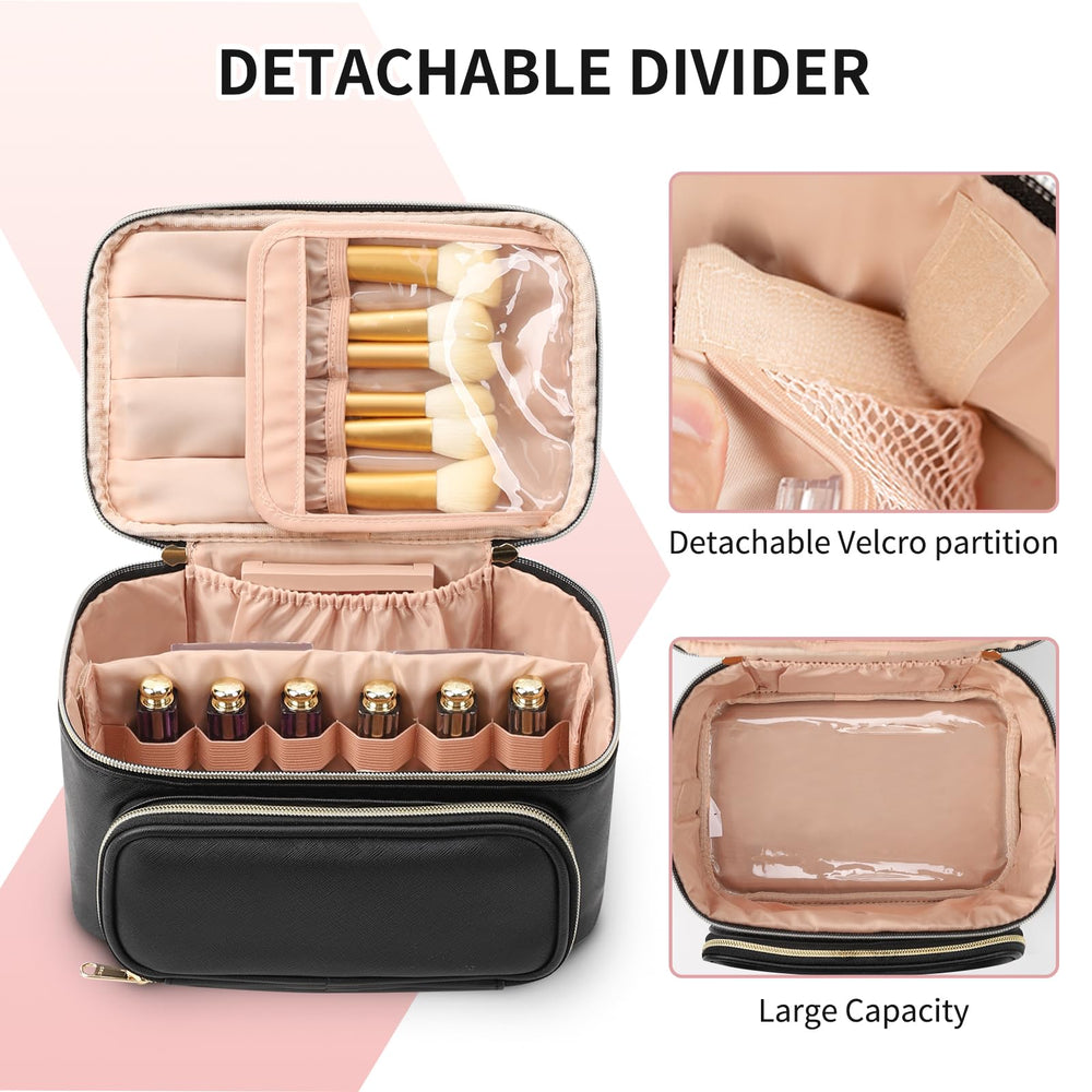 OCHEAL makeup bag with top leather handle for easy portability