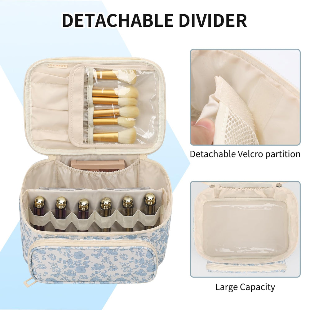 OCHEAL makeup bag with top leather handle for easy grabbing on the go