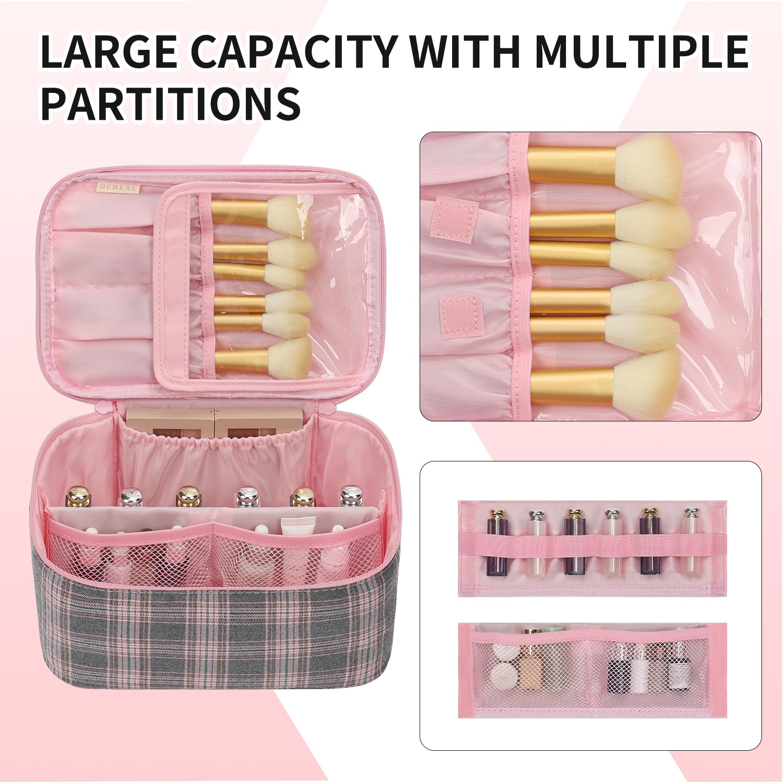 OCHEAL makeup bag two-way zipper offers quick access and secure closure.