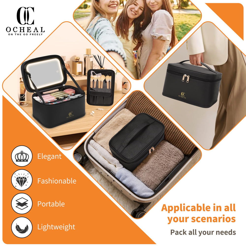 OCHEAL makeup bag LED mirror with 3-color settings aids on-demand lighting.